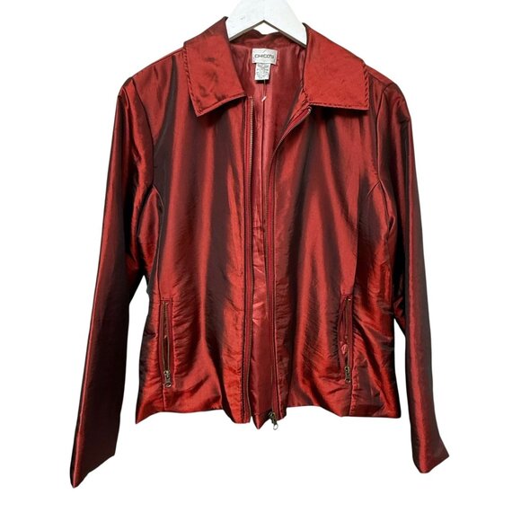 CHICOS Red Satin Shimmer Jacket Size Medium (Chicos 1) Zip Front Evening Holiday - Picture 7 of 9
